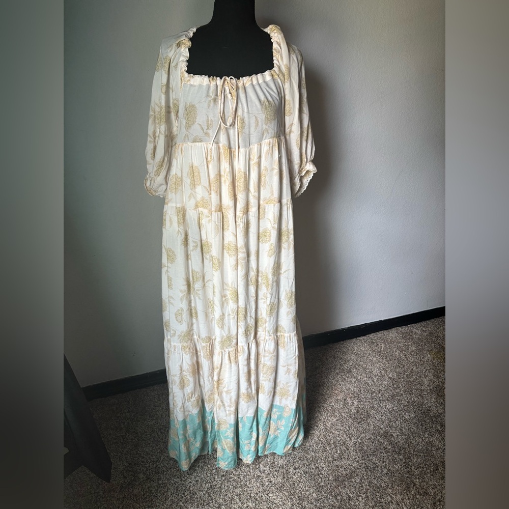 Olivaceous Cream and Green Leaf Maxi Dress